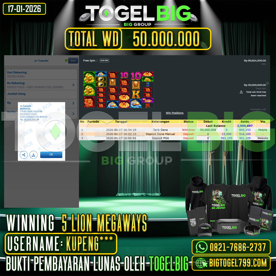 TOGELBIG JACKPOT SLOT 5 LIONS MEGAWAYS RP.50.000.000,- LUNAS USER ID :  KUPENG***