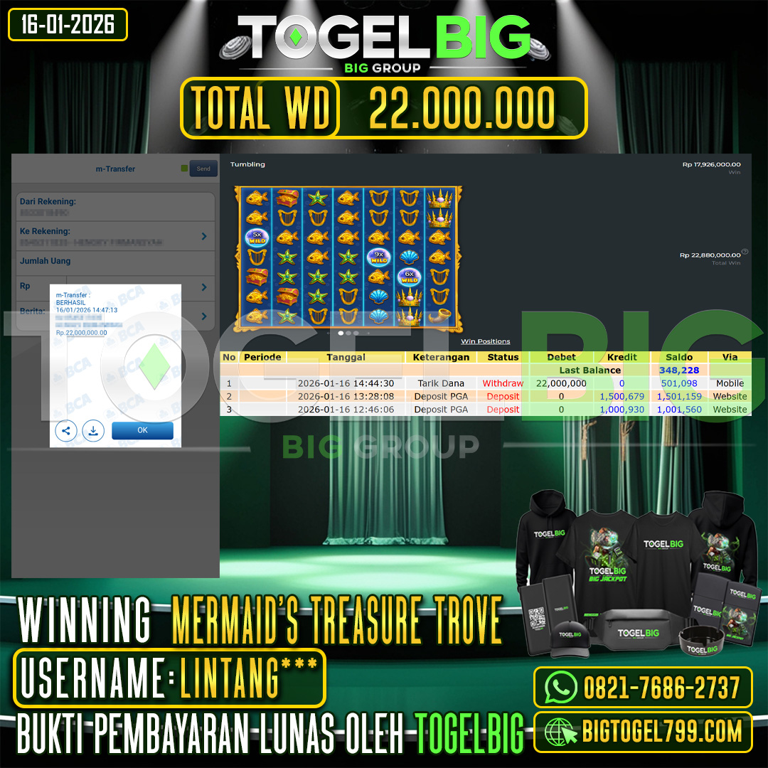 TOGELBIG JACKPOT SLOT MERMAID'S TREASURE TROVE RP.22.000.000,- LUNAS USER ID :  LINTANG***