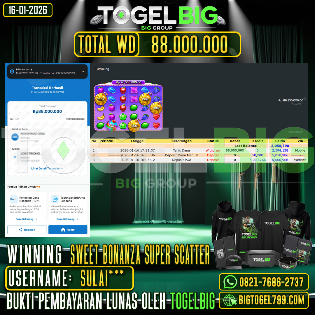 TOGELBIG JACKPOT SLOT SWEET BONANZA SUPER SCATTER RP.88.000.000,- LUNAS USER ID :  SULAI***